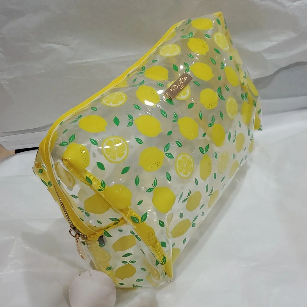 Clear vinyl Citrus lemon yellow print ‎ makeup beauty pouch case new